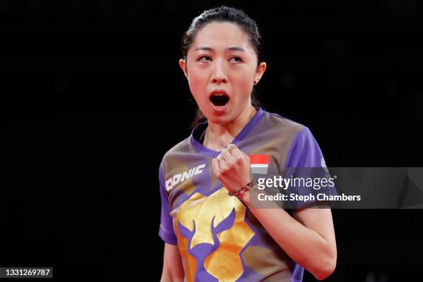 Yu Mengyu of Team Singapore reacts during her Women's Singles Bronze Medal match on day six of the Tokyo 2020 Olympic Games at Tokyo Metropolitan...