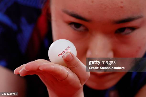 Ito Mima of Team Japan serves the ball during her Women's Singles Bronze Medal match on day six of the Tokyo 2020 Olympic Games at Tokyo Metropolitan...