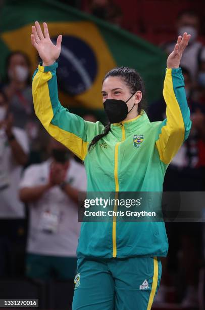 Mayra Aguiar of Team Brazil celebrates winning the bronze medal during the medal ceremony for the Women’s Judo 78kg event on day six of the Tokyo...