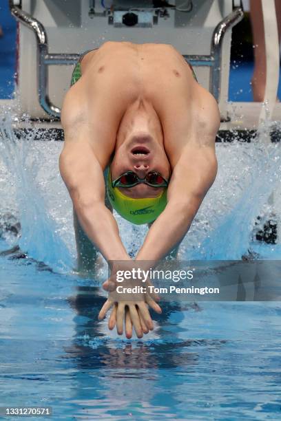 Isaac Cooper of Team Australia competes in heat one of the Mixed 4 x 100m Medley Relay on day six of the Tokyo 2020 Olympic Games at Tokyo Aquatics...