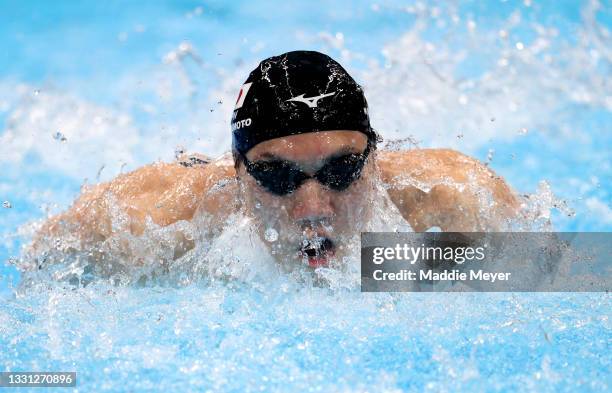 Katsuhiro Matsumoto of Team Japan competes in heat two of the Mixed 4 x 100m Medley Relay on day six of the Tokyo 2020 Olympic Games at Tokyo...