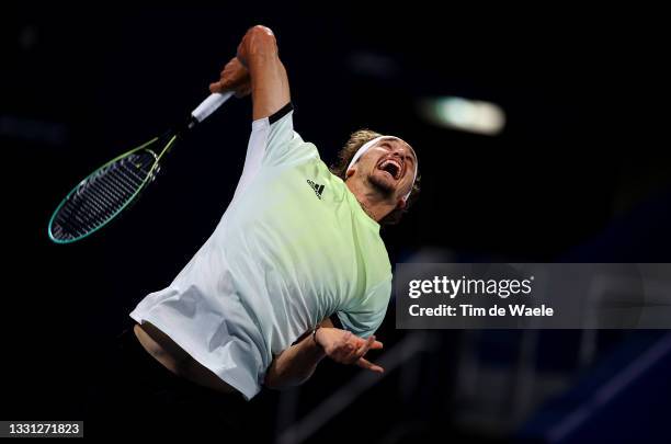 Alexander Zverev of Team Germany serves during his Men's Singles Quarterfinal match against Jeremy Chardy of Team France on day six of the Tokyo 2020...