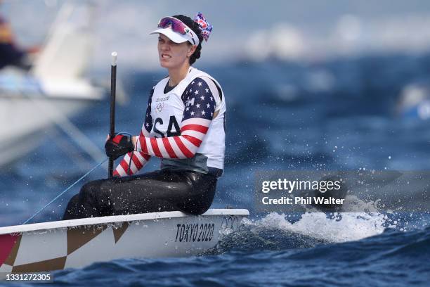 Paige Railey of Team United States competes in the Women's Laser Radial class on day six of the Tokyo 2020 Olympic Games at Enoshima Yacht Harbour on...