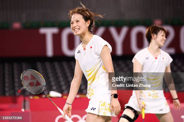 Yuki Fukushima and Sayaka Hirota of Team Japan react as they compete against Chen Qing Chen and Jia Yi Fan of Team China during a Women’s Doubles...