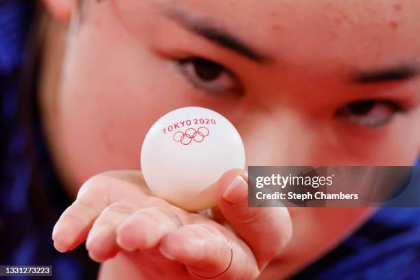 Ito Mima of Team Japan serves the ball during her Women's Singles Bronze Medal match on day six of the Tokyo 2020 Olympic Games at Tokyo Metropolitan...