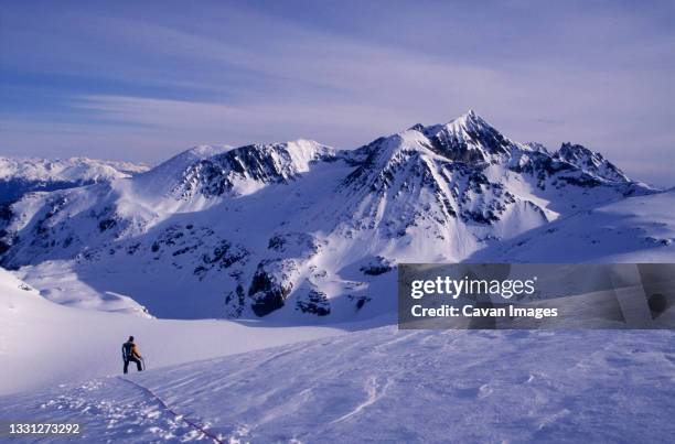 rope leads to mountain climber in yellow jacket standing on glacier looking at mountain. - extreme terrain stock pictures, royalty-free photos & images