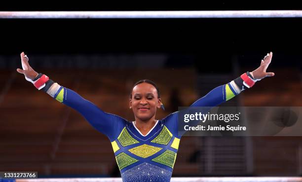 Rebeca Andrade of Team Brazil competes on uneven bars during the Women's All-Around Final on day six of the Tokyo 2020 Olympic Games at Ariake...