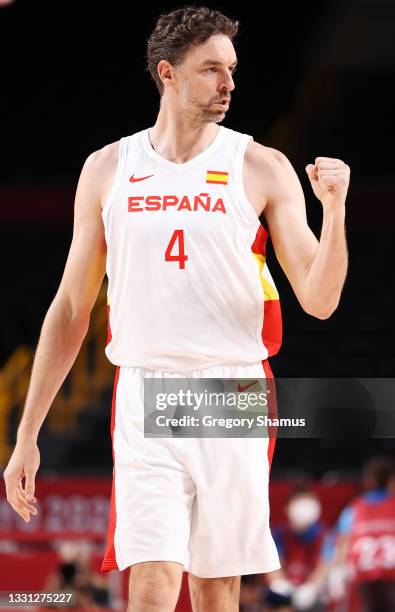 Pau Gasol of Team Spain pumps his fist during the first half of Spain's Men's Preliminary Round Group C game against Argentina on day six of the...