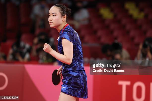 Ito Mima of Team Japan reacts during her Women's Singles Bronze Medal match on day six of the Tokyo 2020 Olympic Games at Tokyo Metropolitan...