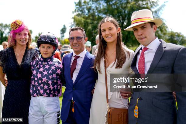 Catherine Dettori, Ella Dettori, Frankie Dettori, Mia Dettori and Leo Dettori in the parade ring before The Magnolia Cup race during the Qatar...