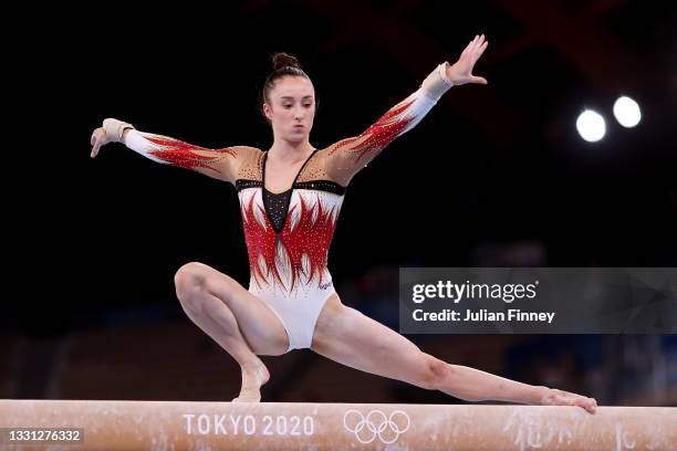 Nina Derwael of Team Belgium competes on balance beam during the Women's All-Around Final on day six of the Tokyo 2020 Olympic Games at Ariake...