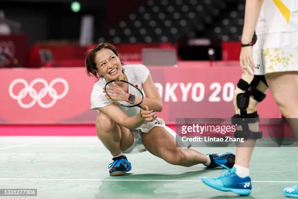 Yuki Fukushima and Sayaka Hirota of Team Japan react as they compete against Chen Qing Chen and Jia Yi Fan of Team China during a Women’s Doubles...