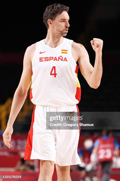 Pau Gasol of Team Spain pumps his fist during the first half of Spain's Men's Preliminary Round Group C game against Argentina on day six of the...