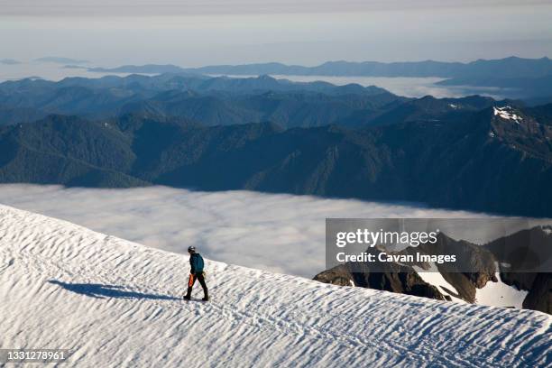 a climber walks towards a snowy summit in olympic national park, wa. - mount-olympus-olympic-national-park stock pictures, royalty-free photos & images