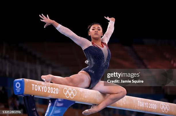 Sunisa Lee of Team United States competes on balance beam during the Women's All-Around Final on day six of the Tokyo 2020 Olympic Games at Ariake...