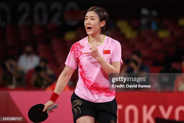 Chen Meng of Team China reacts during her Women's Singles Gold Medal match on day six of the Tokyo 2020 Olympic Games at Tokyo Metropolitan Gymnasium...