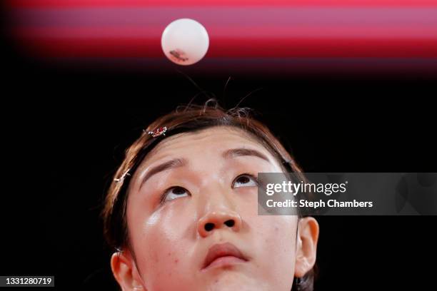 Chen Meng of Team China serves the ball during her Women's Singles Gold Medal match on day six of the Tokyo 2020 Olympic Games at Tokyo Metropolitan...