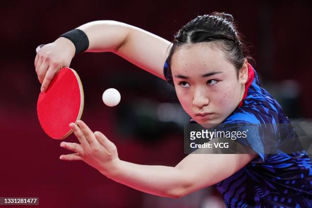 Mima Ito of Japan competes against Yu Mengyu of Singapore during the Women's Singles Bronze Medal Match on day six of the Tokyo 2020 Olympic Games at...
