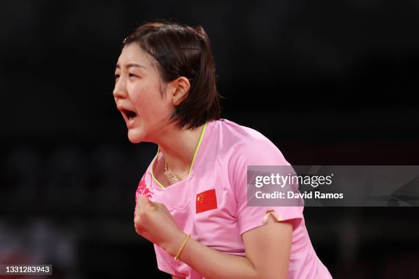 Chen Meng of Team China reacts during her Women's Singles Gold Medal match on day six of the Tokyo 2020 Olympic Games at Tokyo Metropolitan Gymnasium...