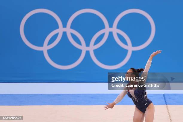 Sunisa Lee of Team United States competes in the floor exercise during the Women's All-Around Final on day six of the Tokyo 2020 Olympic Games at...