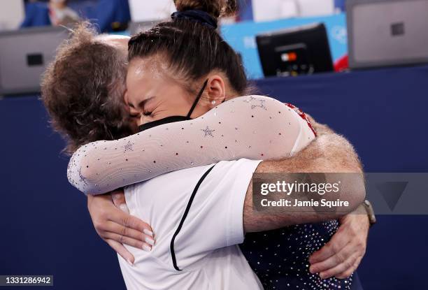 Sunisa Lee of Team United States celebrates after winning the gold medal in the Women's All-Around Final on day six of the Tokyo 2020 Olympic Games...