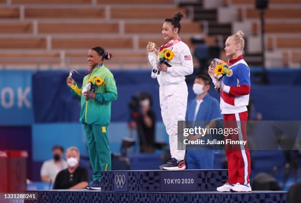 Silver medalist Rebeca Andrade of Team Brazil, gold medalist Sunisa Lee of Team United States and bronze medalist Angelina Melnikova of Team ROC pose...