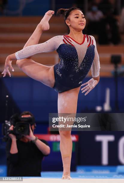 Sunisa Lee of Team United States competes in the floor exercise during the Women's All-Around Final on day six of the Tokyo 2020 Olympic Games at...