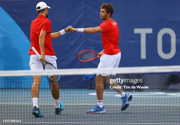 Mate Pavic of Team Croatia and Nikola Mektic of Team Croatia play Austin Krajicek of Team USA and Tennys Sandgren of Team USA in their Men's Doubles...