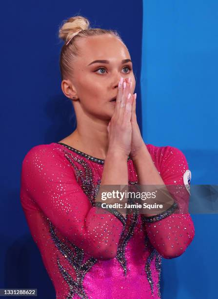 Angelina Melnikova of Team ROC reacts during the Women's All-Around Final on day six of the Tokyo 2020 Olympic Games at Ariake Gymnastics Centre on...