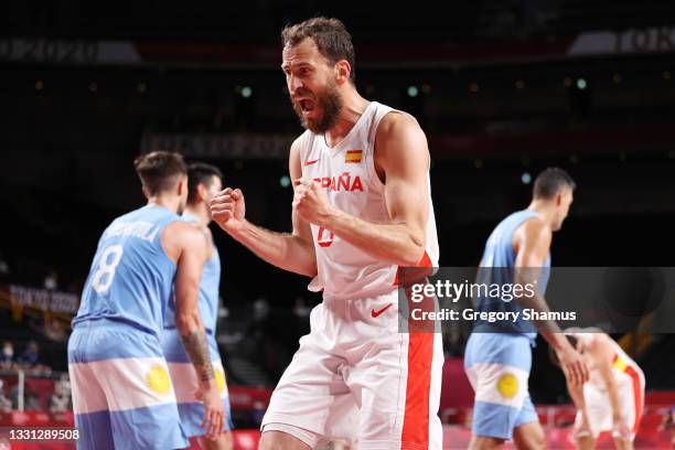 Sergio Rodriguez of Team Spain celebrates against Argentina during the second half of a Men's Preliminary Round Group C game on day six of the Tokyo...