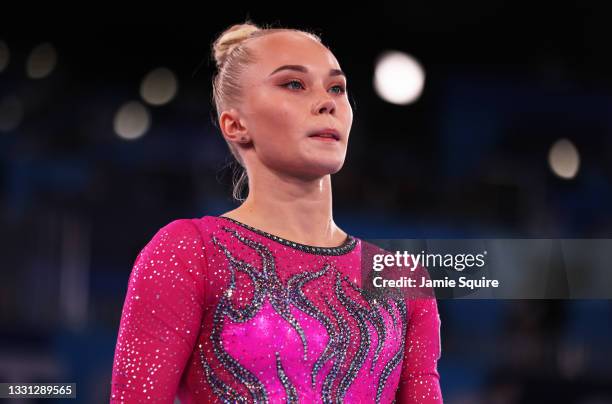 Angelina Melnikova of Team ROC looks on after competing in the floor exercise during the Women's All-Around Final on day six of the Tokyo 2020...