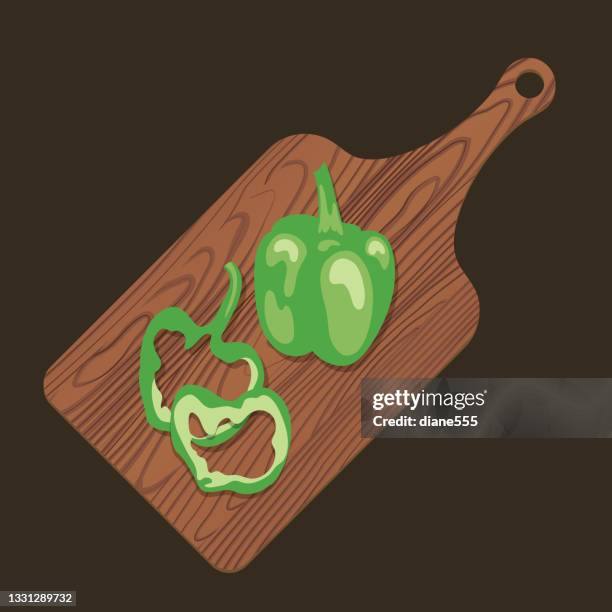 wooden cutting board with peppers - chopped peppers stock illustrations