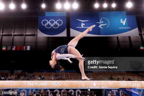 Sunisa Lee of Team United States competes on balance beam during the Women's All-Around Final on day six of the Tokyo 2020 Olympic Games at Ariake...