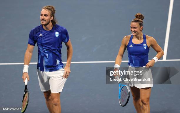 Stefanos Tsitsipas of Team Greece and Maria Sakkari of Team Greece play Ashleigh Barty of Team Australia and John Peers of Team Australia in their...