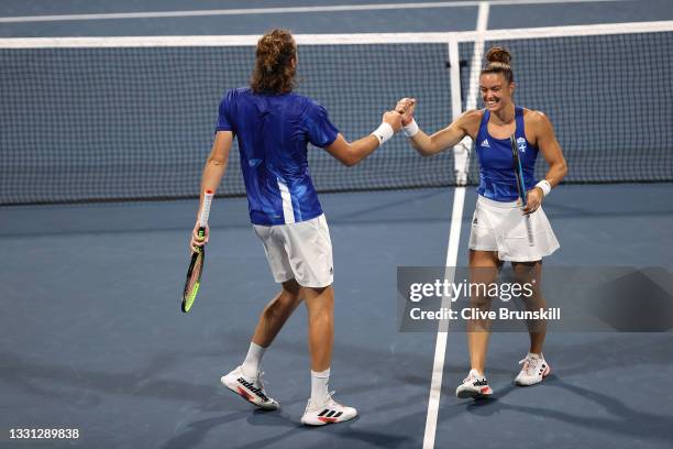 Stefanos Tsitsipas of Team Greece and Maria Sakkari of Team Greece play Ashleigh Barty of Team Australia and John Peers of Team Australia in their...