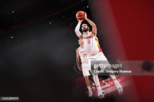 Ricky Rubio of Team Spain attempts a free throw against Spain during the first half of a Men's Preliminary Round Group C game on day six of the Tokyo...
