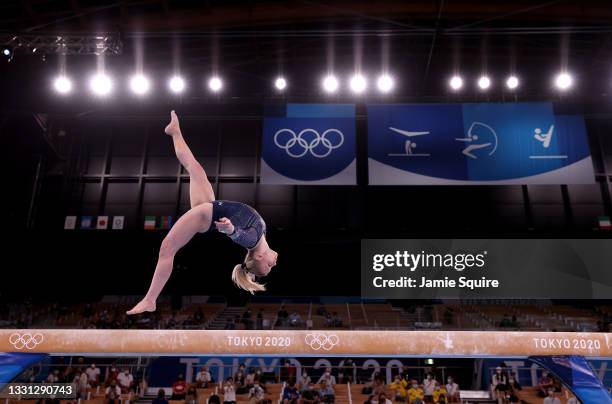 Jade Carey of Team United States competes on balance beam during the Women's All-Around Final on day six of the Tokyo 2020 Olympic Games at Ariake...