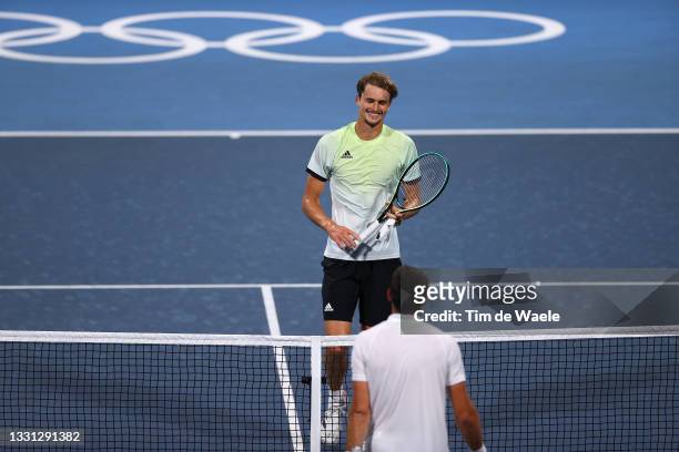 Alexander Zverev of Team Germany smiles following his victory in his Men's Singles Quarterfinal match against Jeremy Chardy of Team France on day six...