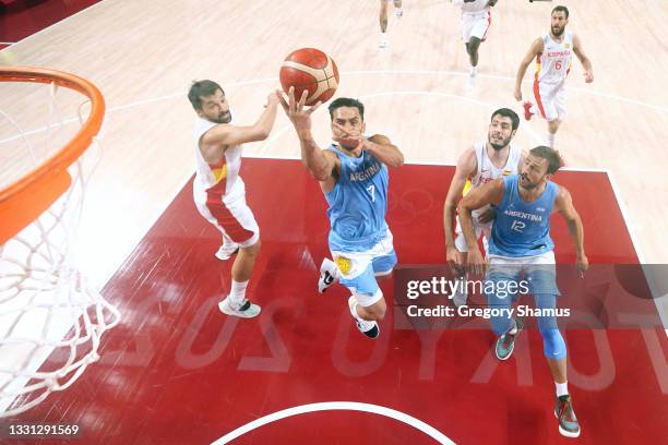 Facundo Campazzo of Team Argentina drives to the basket against Spain during the first half of a Men's Preliminary Round Group C game on day six of...