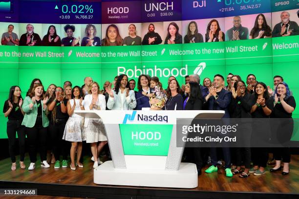 Baiju Bhatt and Vlad Tenev celebrate after ringing the bell on Robinhood Markets IPO Listing Day on July 29, 2021 in New York City.