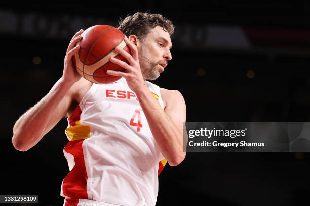 Pau Gasol of Team Spain pulls down a rebound against Argentina during the second half of a Men's Preliminary Round Group C game on day six of the...