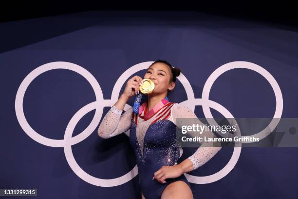 Sunisa Lee of Team United States poses with her gold medal after winning the Women's All-Around Final on day six of the Tokyo 2020 Olympic Games at...