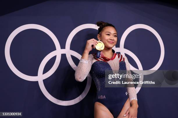 Sunisa Lee of Team United States poses with her gold medal after winning the Women's All-Around Final on day six of the Tokyo 2020 Olympic Games at...