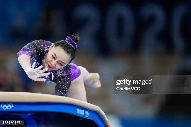 Lu Yufei of China competes on pommel horse during the Artistic Gymnastics Women's All-Around Final on day six of the Tokyo 2020 Olympic Games at...