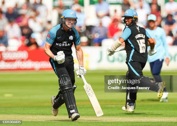 Jack Haynes of Worcestershire celebrates after reaching a century during the Royal London Cup match between Essex and Worcestershire at Cloudfm...