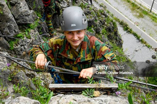 Princess Elisabeth of Belgium abseils during a three-day internship at the Commando Training Center, as she completes her year at the Royal Military...