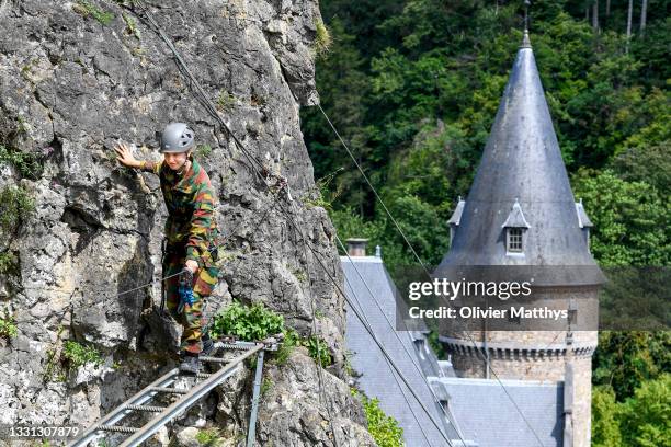 Princess Elisabeth of Belgium abseils during a three-day internship at the Commando Training Center, as she completes her year at the Royal Military...