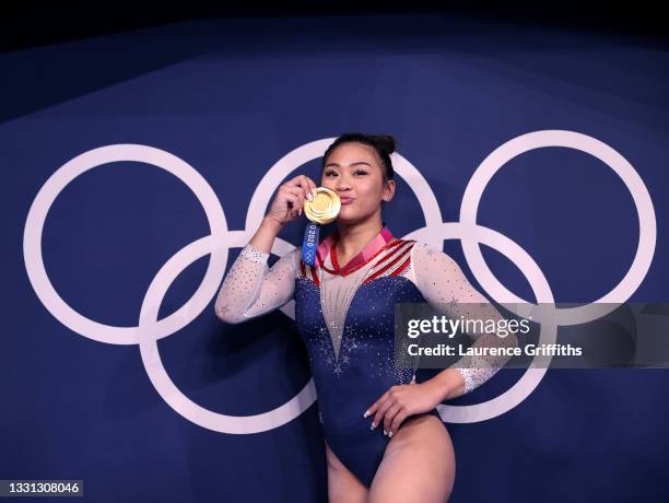 Sunisa Lee of Team United States poses with her gold medal after winning the Women's All-Around Final on day six of the Tokyo 2020 Olympic Games at...