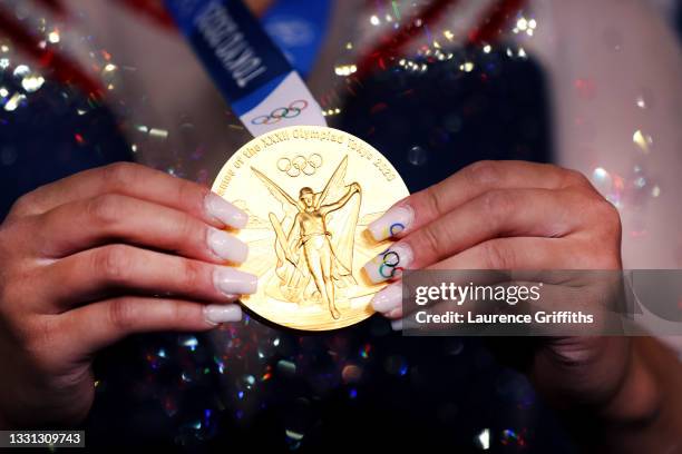 Detailed view of Sunisa Lee of Team United States gold medal after winning the Women's All-Around Final on day six of the Tokyo 2020 Olympic Games at...