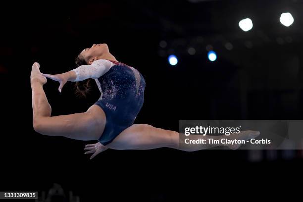 Sunisa Lee of the United States performs her routine on the balance beam during her gold medal performance in the All-Around Final for Women at...